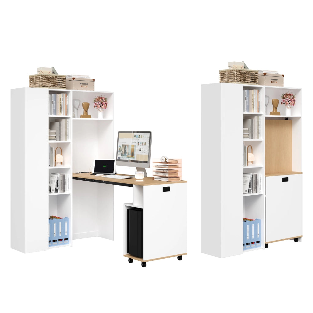 Scrivania pieghevole 2 in 1 con libreria, presa EU e USB, bianco, MDF, 104,5 × 30,5 × 160 cm
