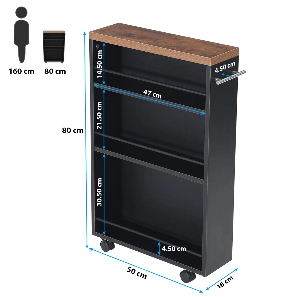 Carrello Portaoggetti Cucina Slim Salvaspazio Nero Industrial Multiuso con Ruote