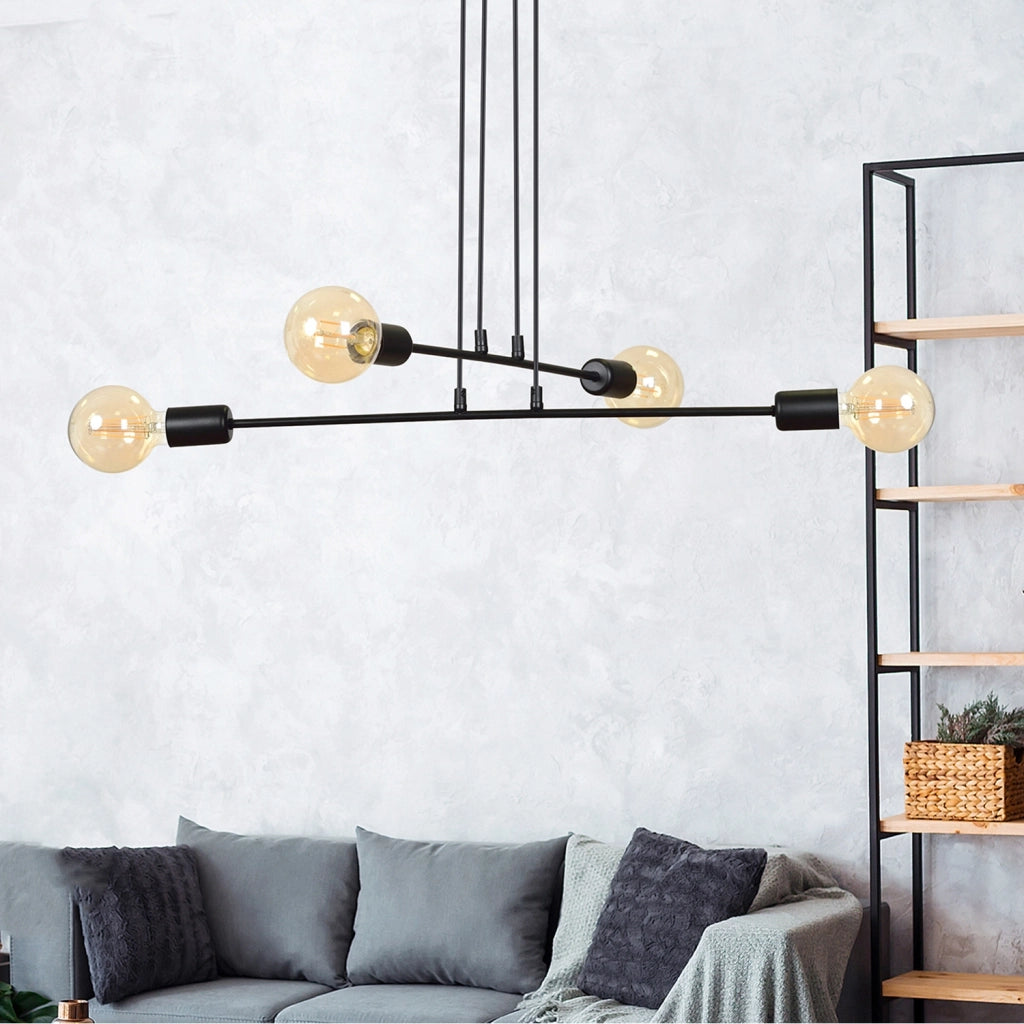 Lampadario Industrial 4 Luci Multiplo In Acciaio Nero A Bracci