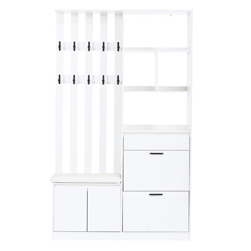 Guardaroba da ingresso 120x30x200 cm con panca imbottita e 10 ganci in MDF bianco