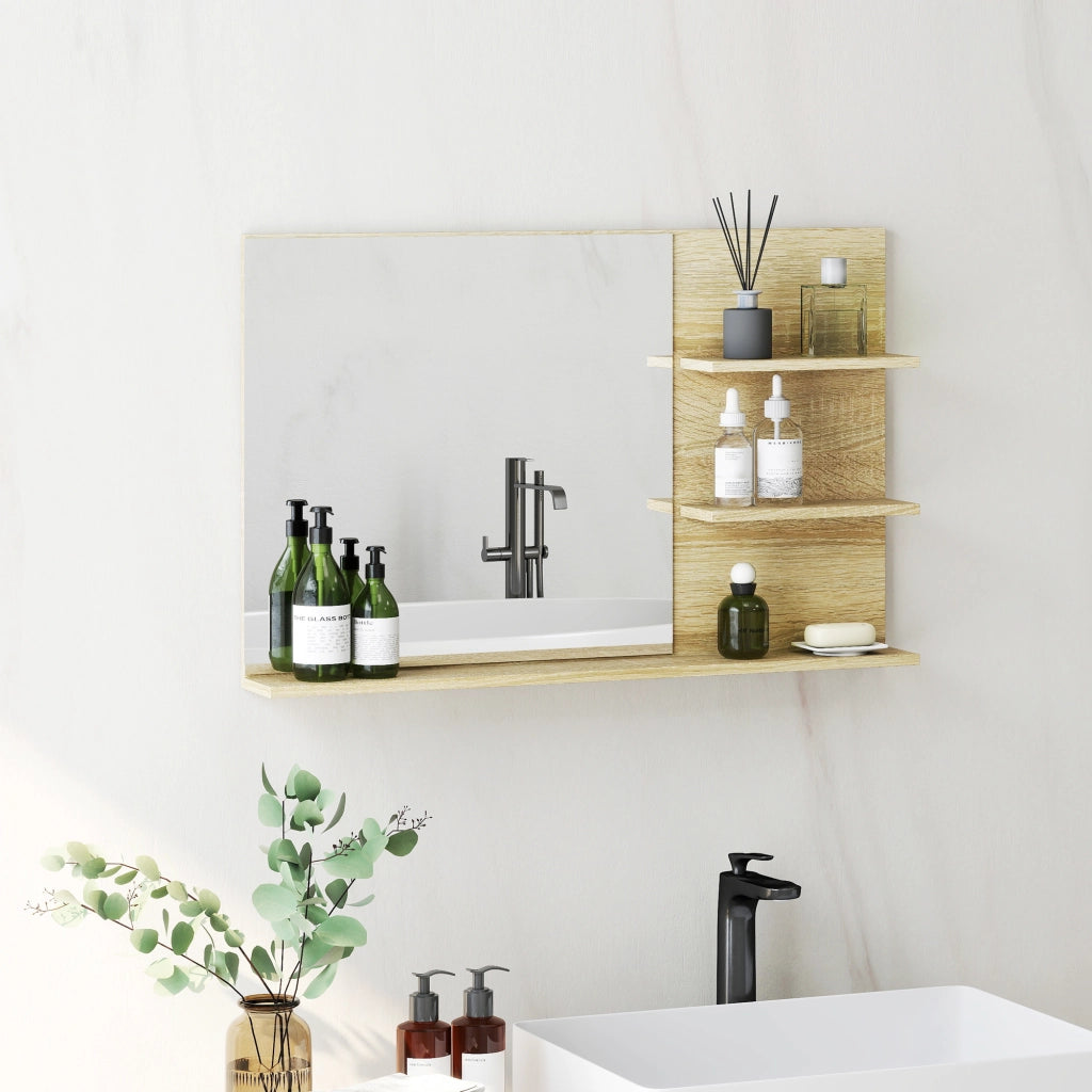 Specchio Bagno da Parete 75x10x48 cm con Mensole in Legno e Vetro Color Legno
