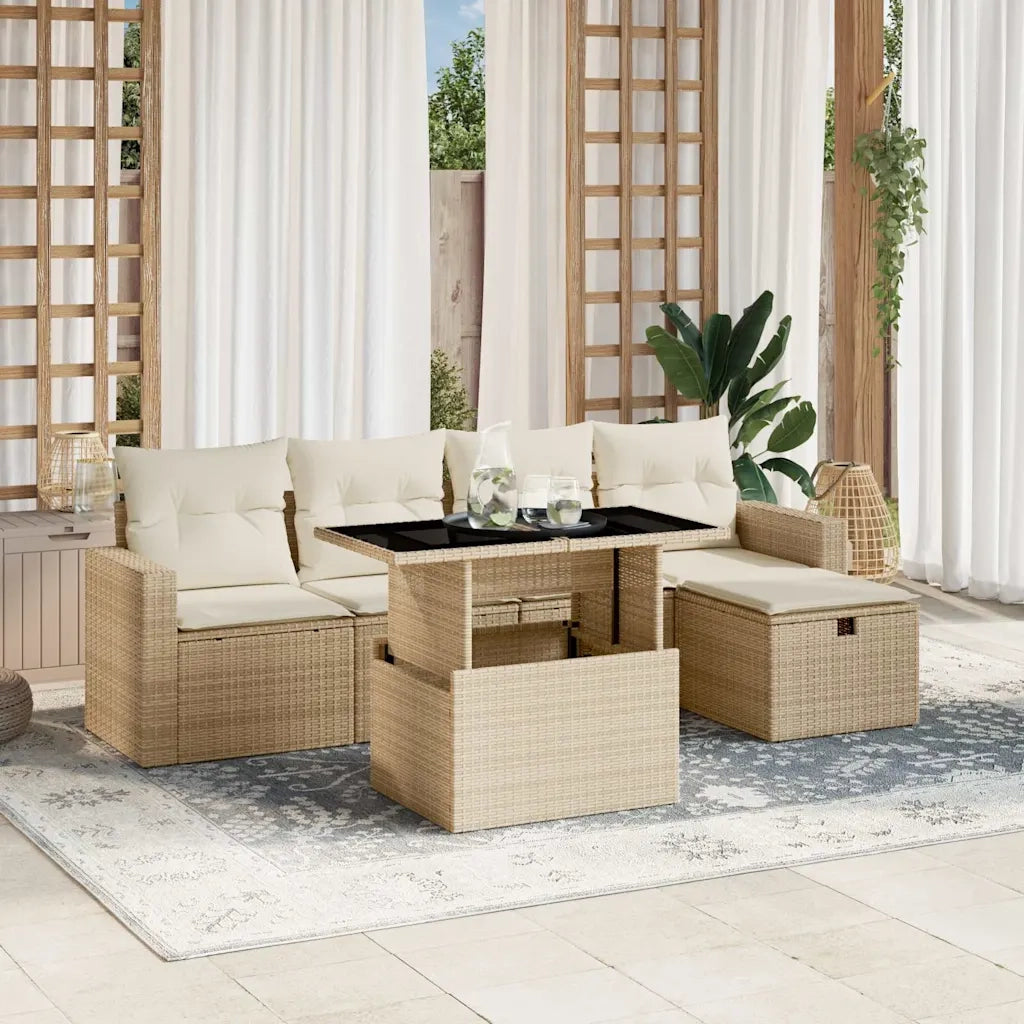 Set Divano da Giardino 6 pz con Cuscini Beige in Polyrattan