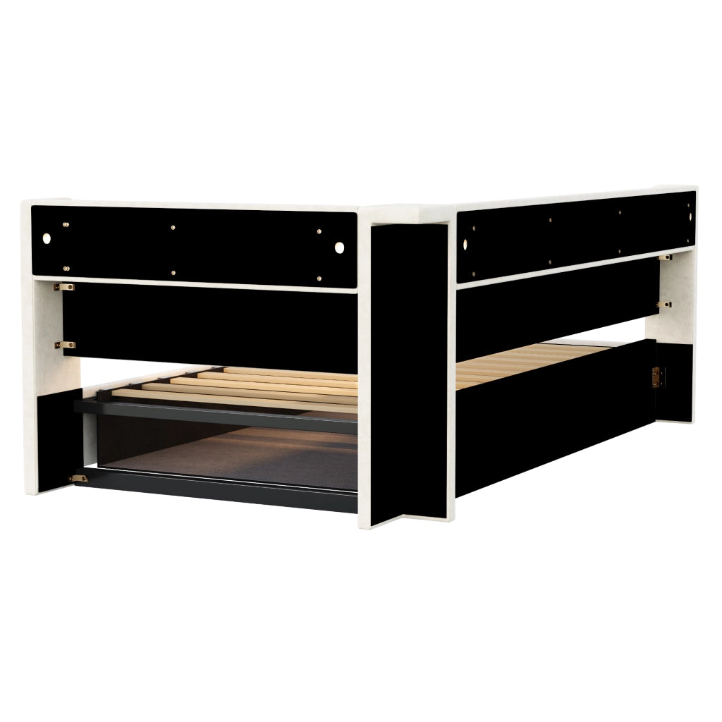 Letto divano 90 × 200 cm con contenitore idraulico, ripiani in legno, LED, USB e Type-C, senza materasso, beige