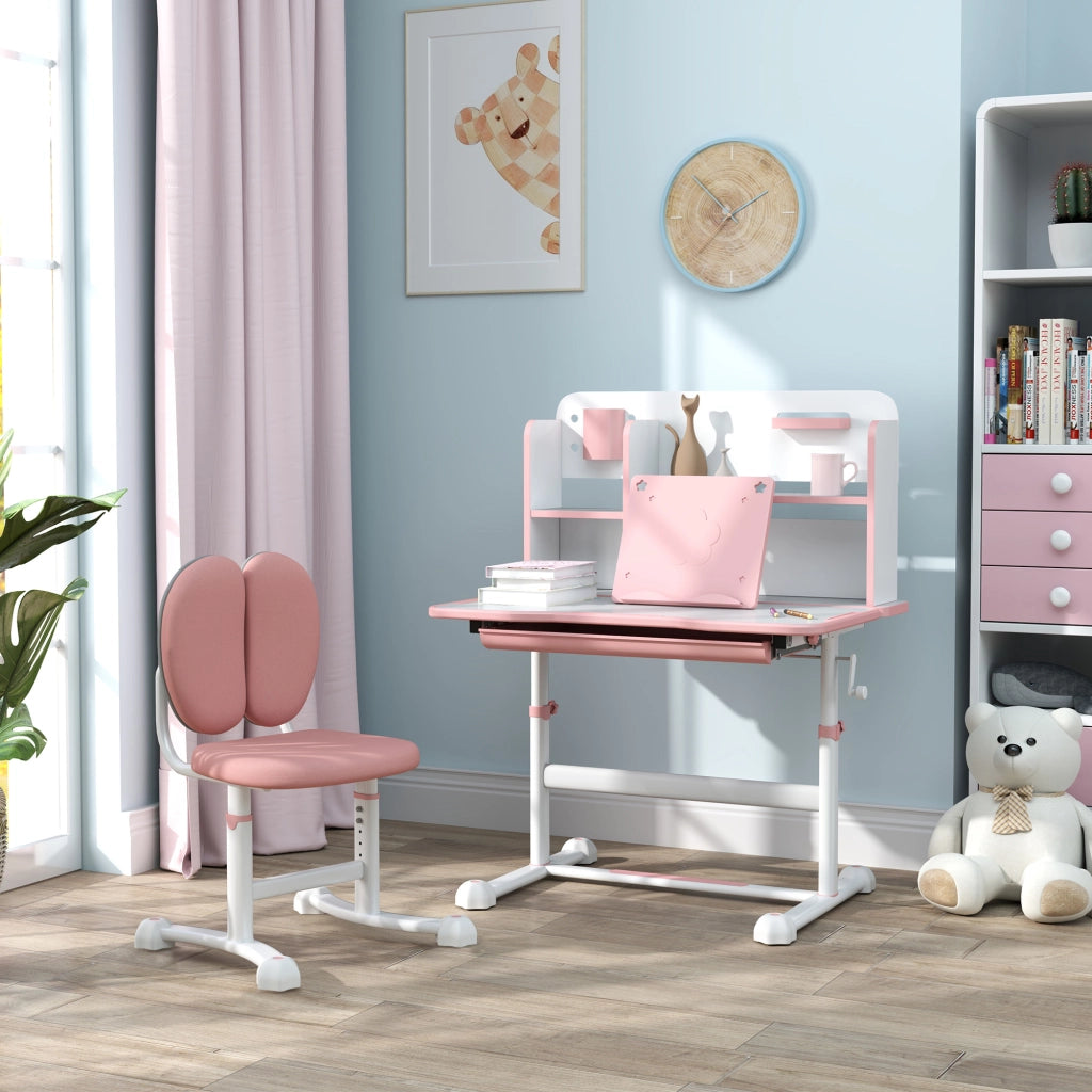 Set Scrivania e Sedia per Bambini Regolabili, Banco Scuola con Piano Inclinabile, Cassetto, Scaffale, Rosa
