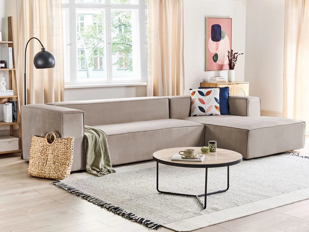 Divano angolare a 3 posti a sinistra in tessuto grigio talpa con braccioli imbottiti Stile minimalista