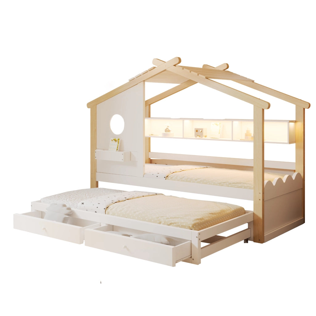 Letto Singolo per Bambini con Letto Estraibile ¨C MINIMAL ¨C Bianco, LED, USB, Cassetti, 90x200