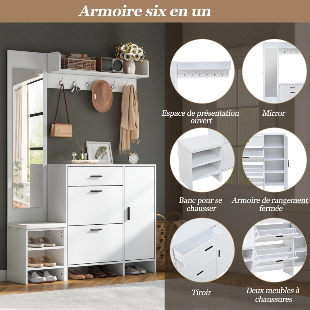 Mobile ingresso multifunzione 140x30x200 cm con specchio; scarpiera; ganci e panca; bianco