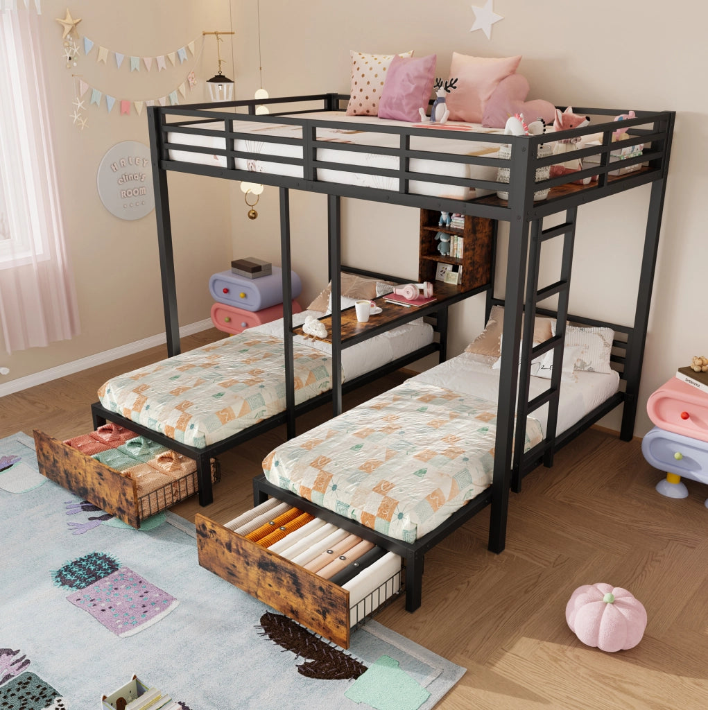 Letto a castello triplo 140x200 + 90x200 cm nero
