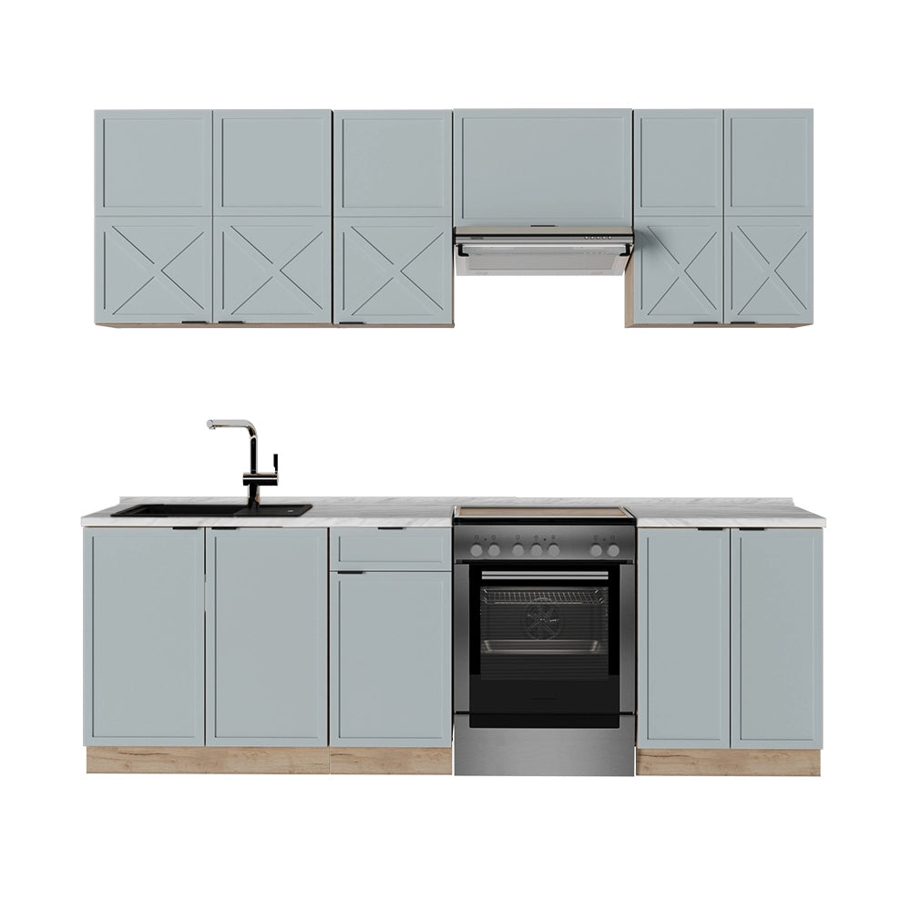 Cucina componibile Fame-Line Blu-grigio chiaro/Rovere dorato 240 cm, PL Marmo Vicco