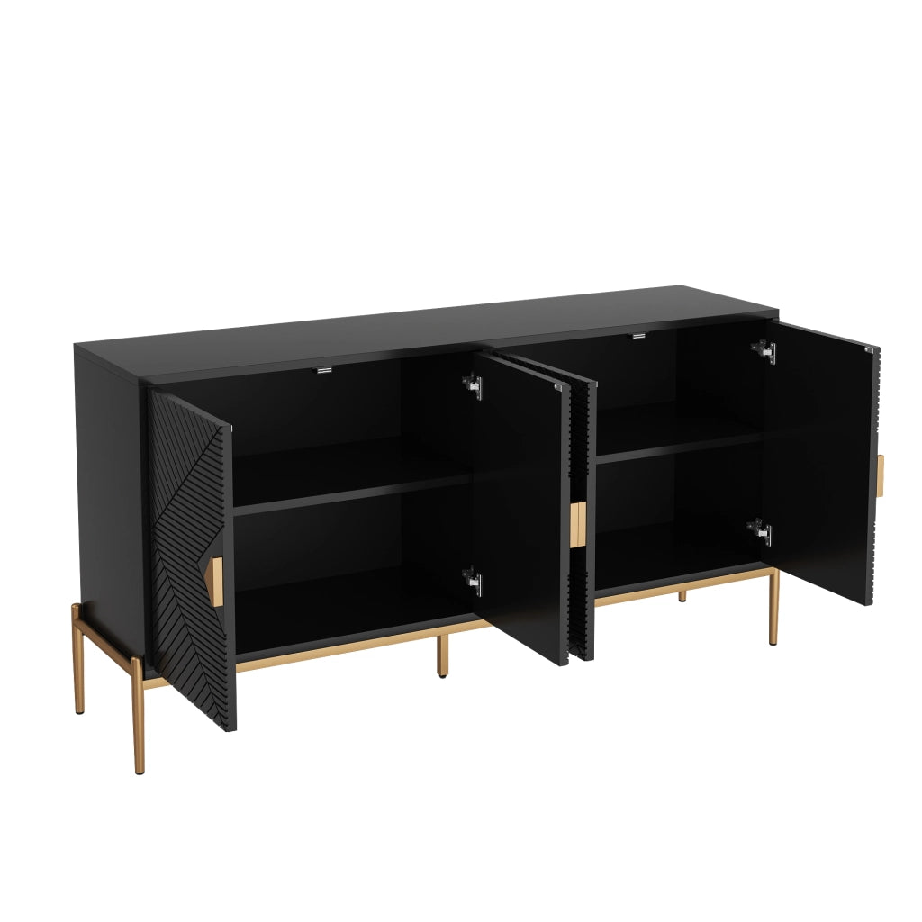 Credenza con 4 Ante e Gambe in Metallo; Motivo Geometrico 3D; Stile Moderno; in MDF; Nero; 162??40??80 cm