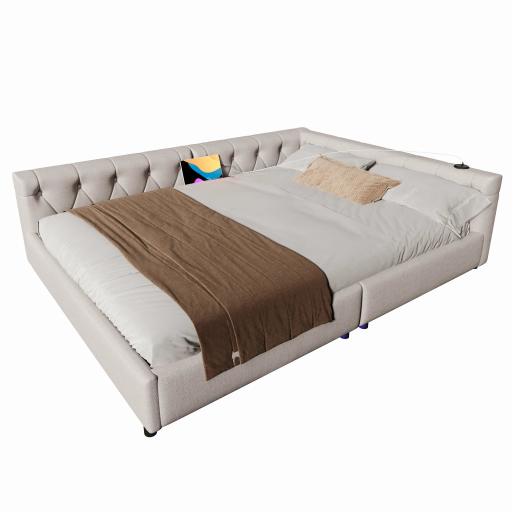 Letto divano con rete a doghe in lino beige 140x200 cm