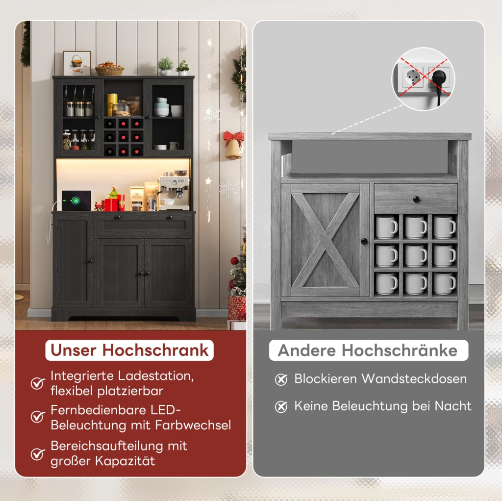 Credenza da cucina con LED, prese e portabottiglie, nera