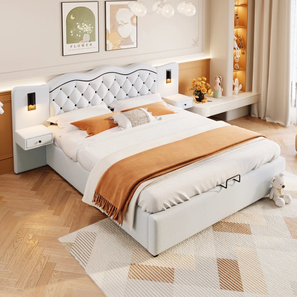 LETTO Imbottito 180x200 cm Beige in lino e MDF con testiera integrata
