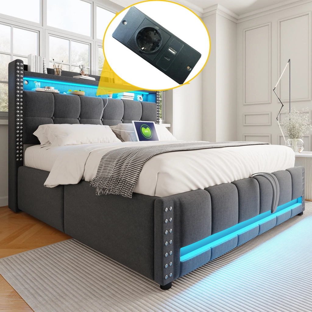 Letto Contenitore 140x200 cm; Letto Matrimoniale con LED; USB e vano contenitore