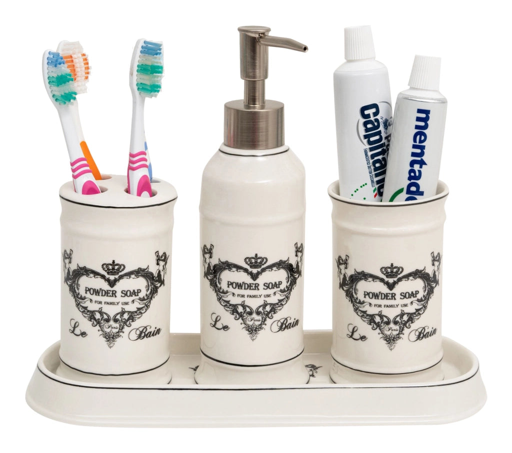 Biscottini Set bagno "Savons Superfines" 4 pezzi in porcellana bianca decorata L25xPR10xH21 cm