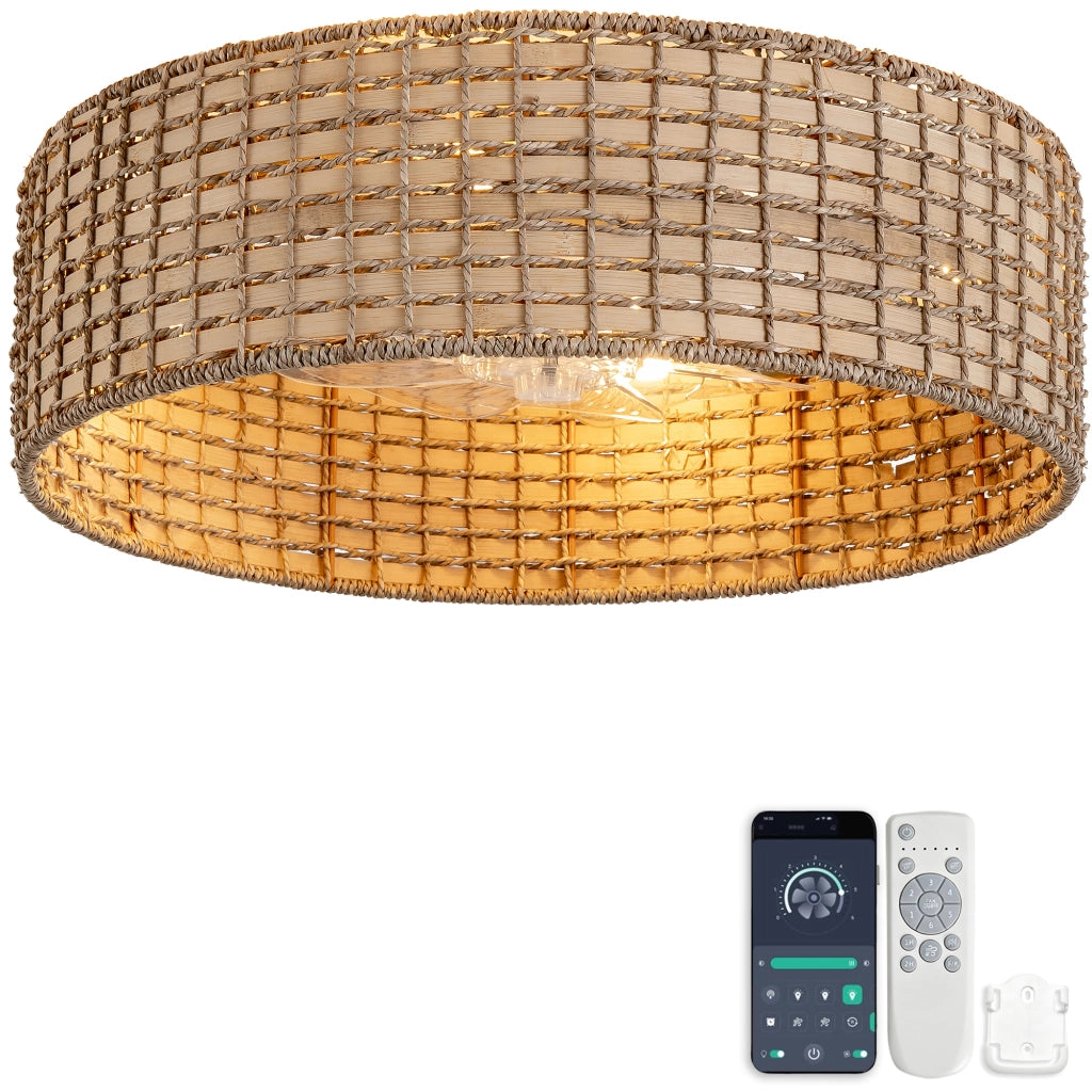 Ventilatore da soffitto 19 pollici con luce, motivo quadri rattan, doppio controllo app e telecomando, 6 velocit¨¤ reversibili, moderno