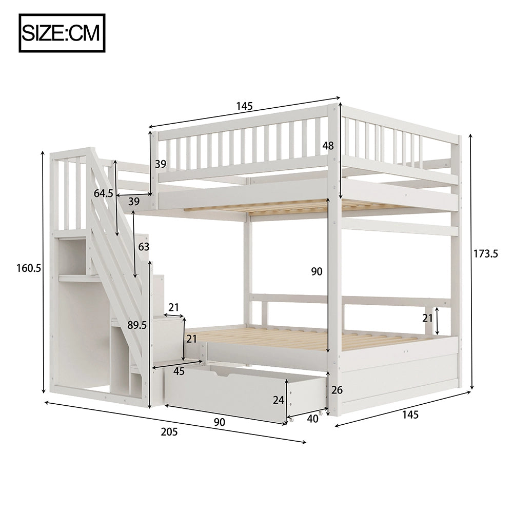 Letto a castello massiccio 140x200cm - Xylo - bianco, scala con ripiani, cassetti, EN747