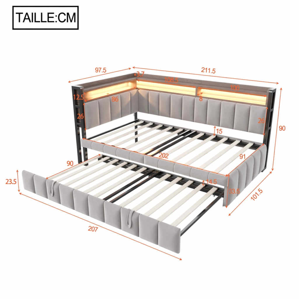 DESMIU Divano letto 90 × 200 cm 1 posto con LED, USB e Type-C, vani, senza materasso, grigio chiaro