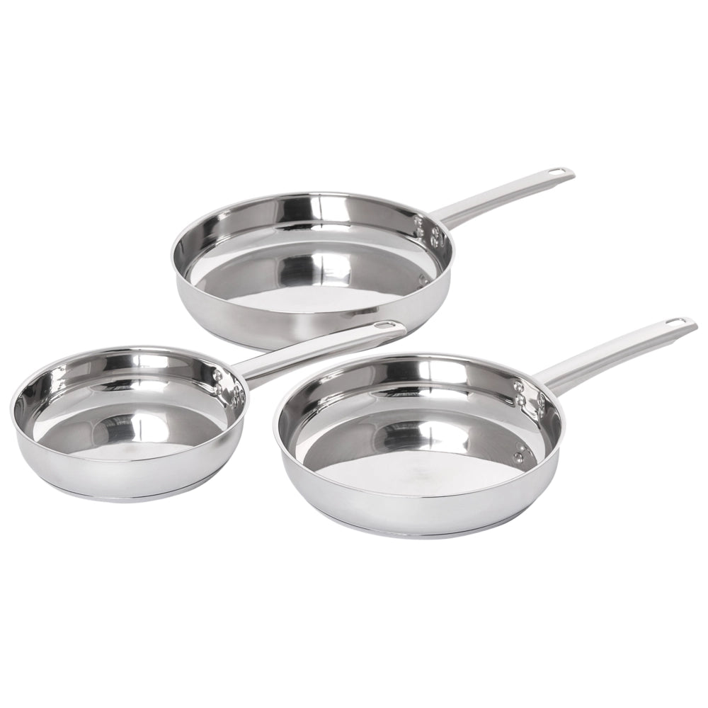 Set di 3 padelle in acciaio inossidabile argentato con manici in 3 misure per tutti i tipi di fornelli