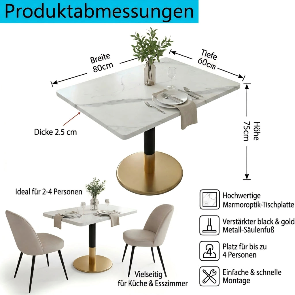 Tavolo da pranzo per 2 persone con piano effetto marmo, base in metallo nero e oro, per cucina, 80 × 60 cm