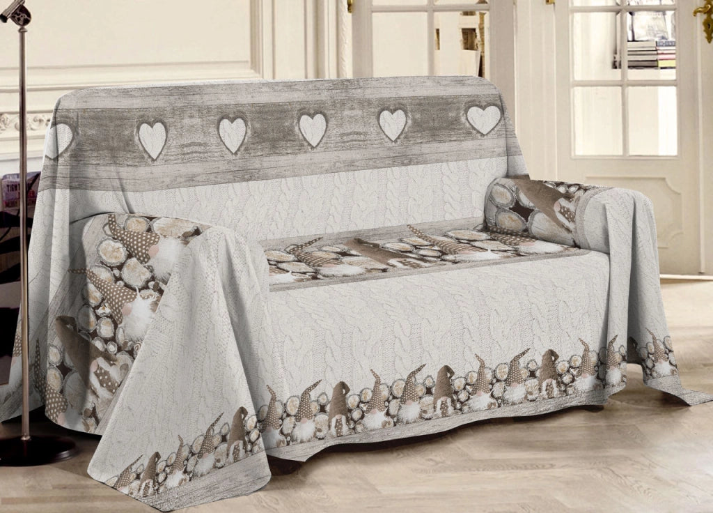 Telo Arredo Multiuso Linea Pensieri Delicati In 100% Cotone Disegno Gnomi - Singolo - Beige