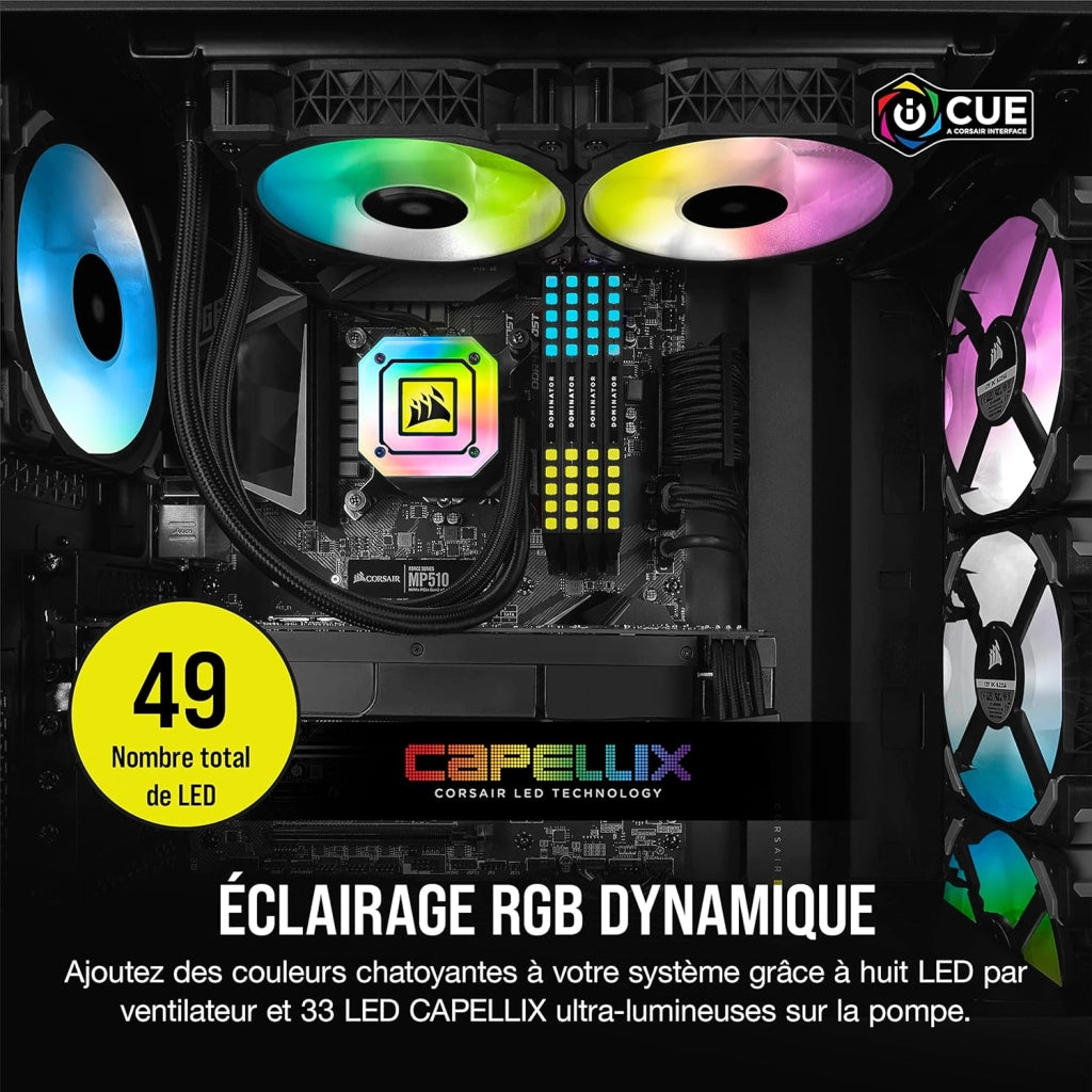 Dissipatore a Liquido 33 LED RGB CAPELLIX Ultra-Luminosi, Due Ventole PWM ML RGB da 140 mm, 400 a 2.000 RPM, Modalità Zero RPM, iCUE Commander CORE Incluso, Nero, Radiatore di 280mm