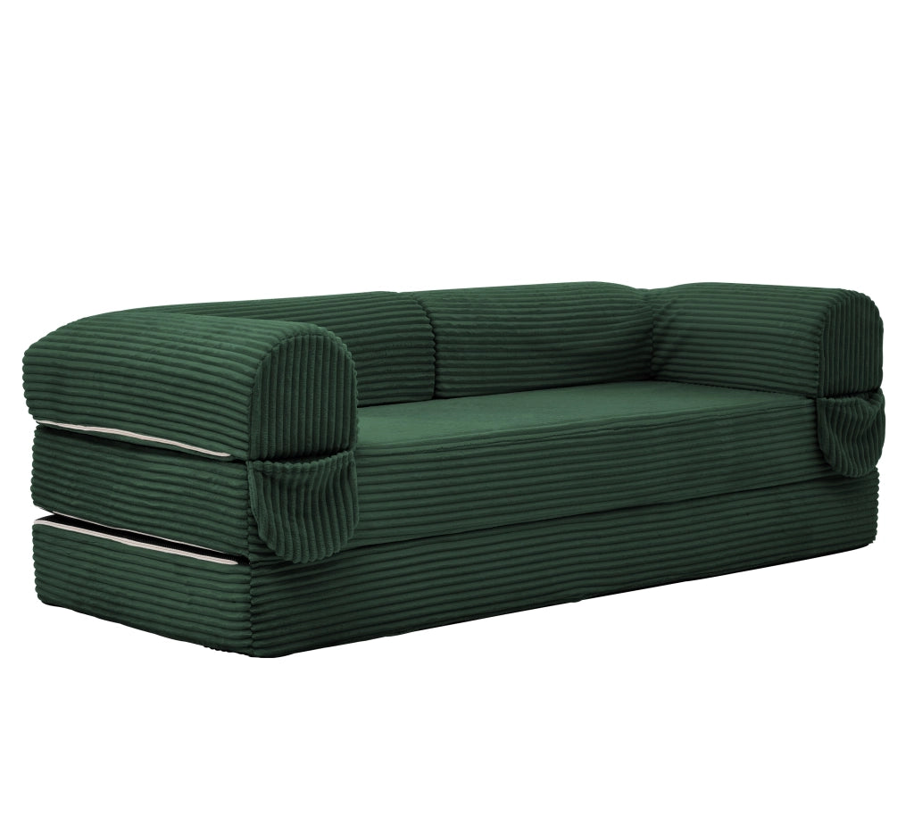 Divano letto convertibile 2 posti in tessuto corduroy con seduta imbottita e braccioli, design salvaspazio verde