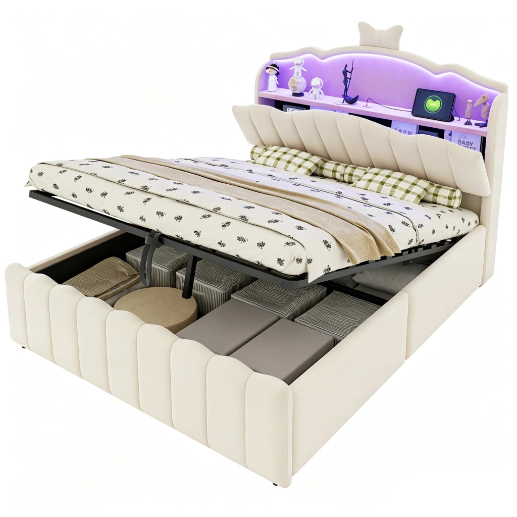 Letto imbottito per bambini 140 x 200 cm con contenitore idraulico; LED e prese USB; beige