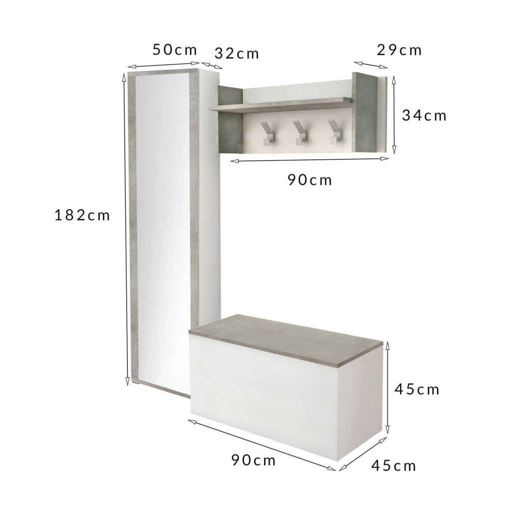 Mobile da ingresso Tanzanite, Entratina moderna con appendiabiti, Mobile con scarpiera, Armadietto con specchio, Cm 50x32h182, Bianco e Cemento