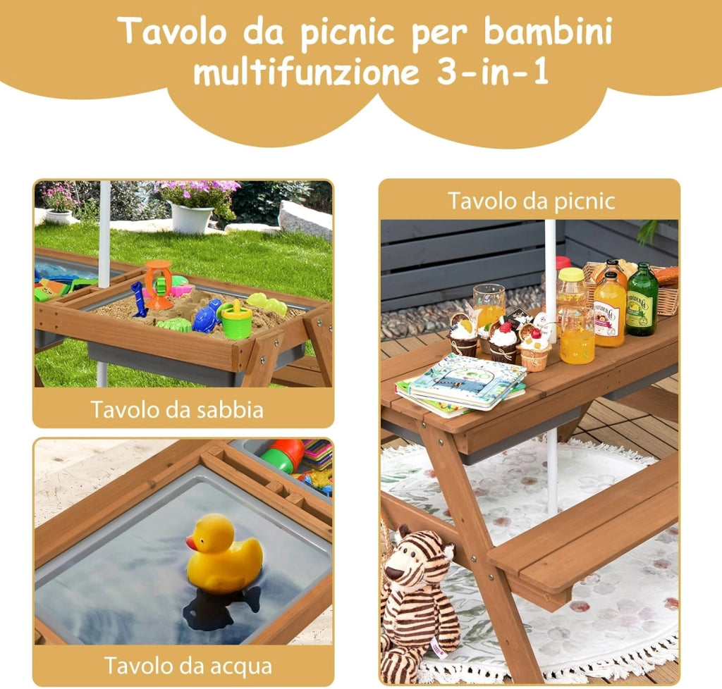 Set Tavolo e Sedie per Bambini da Giardino 3 in 1, con Ombrellone Rimovibile e Regolabile, Piano Rimovibile, Tavolo con Panche in Legno per Bambini da Interno Esterno (Colore 3)