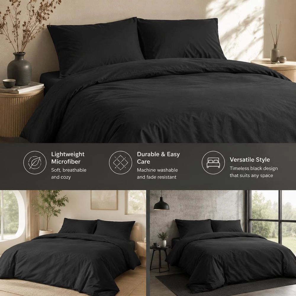 Black Bedding Set 200x200 Cm, Lightweight Microfiber