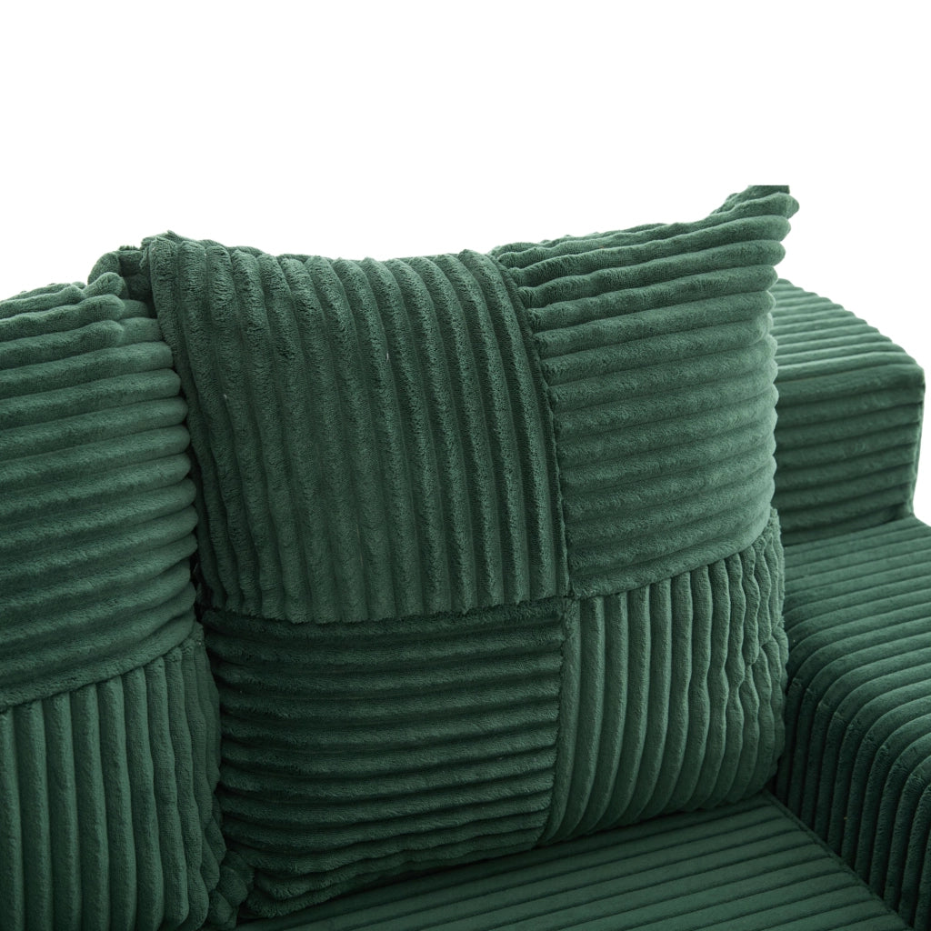 Divano pouf in velluto a coste con 2 cuscini e tasche laterali; 151x133x64 cm; smeraldo