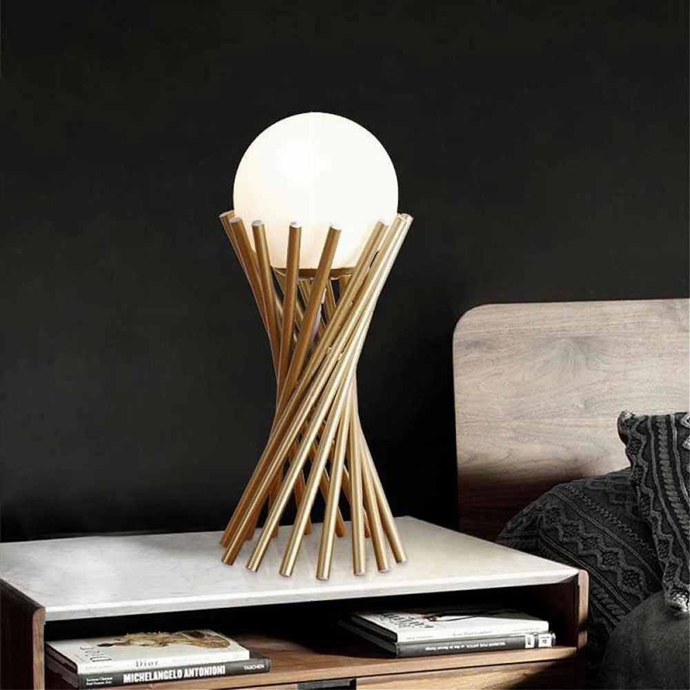 Trade Shop - Lampada Da Tavolo Tubolare Minimalista In Metallo Bronzo Con Sfera Vetro G9 D32 -