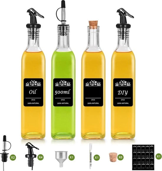 Set di oli di oliva 500 ml, set di pulizia e riempimento con secchio, oli di oliva alimentari per riempimento, dispenser di olio, sfera di distribuzione del curcuma, per preparazione di insalate e salse (4 pezzi)
