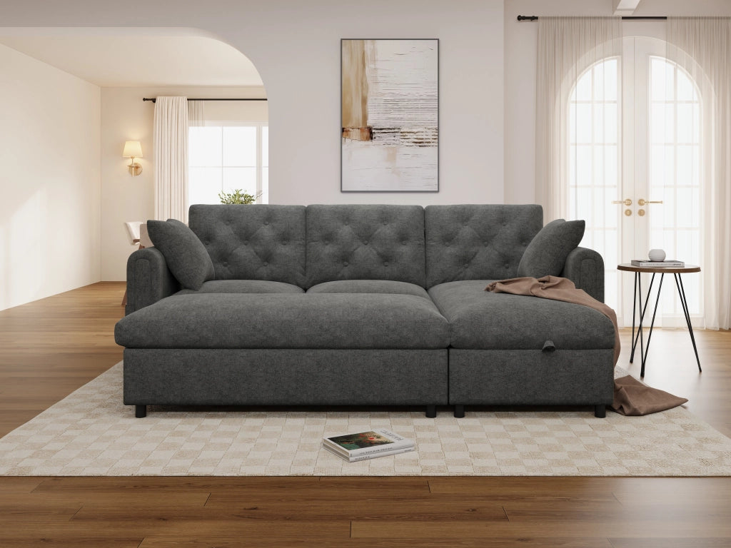 Divano angolare convertibile in velluto con chaise longue reversibile, pouf contenitore e tasche laterali grigio