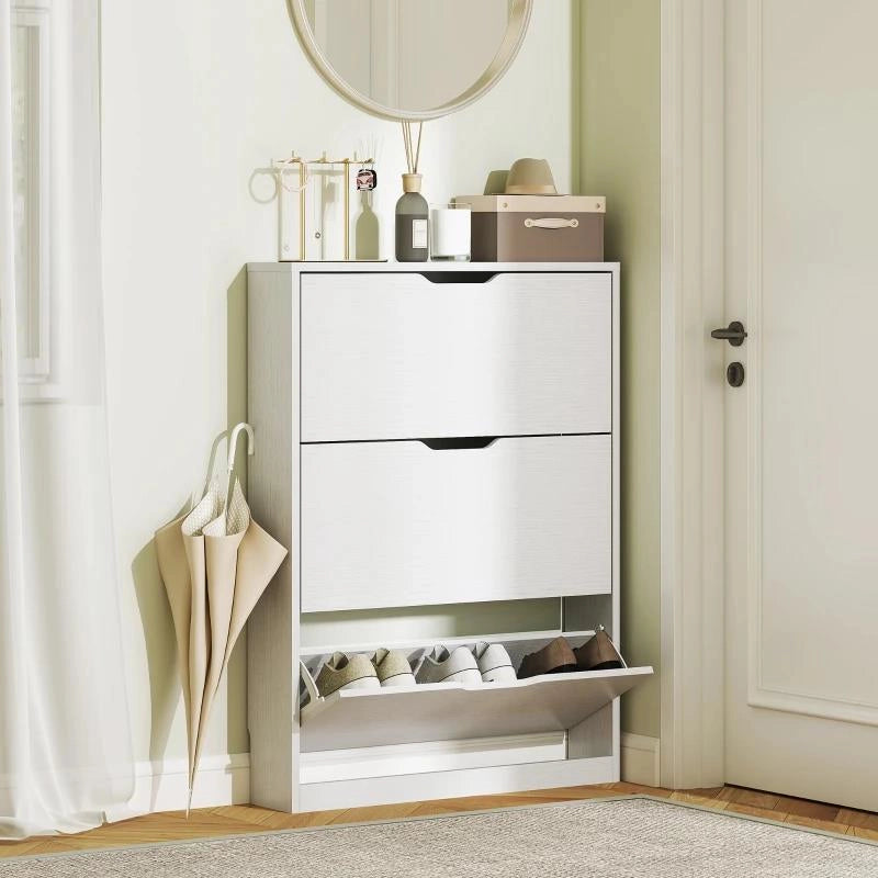 SCARPIERA SLIM A 3 CASSETTI RIBALTABILI CON INTAGLIO INFERIORE, IN LEGNO, 80X17X108 CM, BIANCO