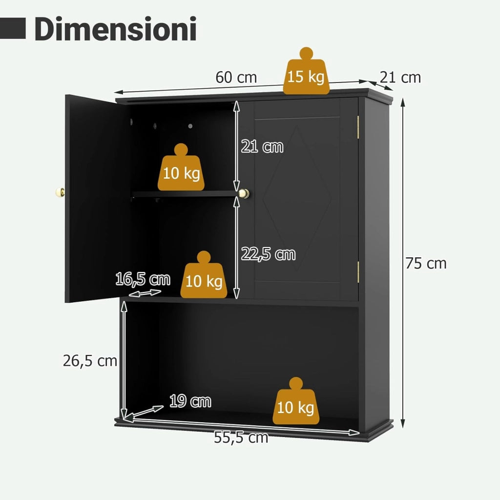 Mobile da Bagno da Parete, Mobiletto Salvaspazio a Muro a 2 Ante con Ripiano Aperto e Ripiano Regolabile, Armadietto per Cucina, Soggiorno e Ingresso, 60 x 21 x 75 cm (Nero)