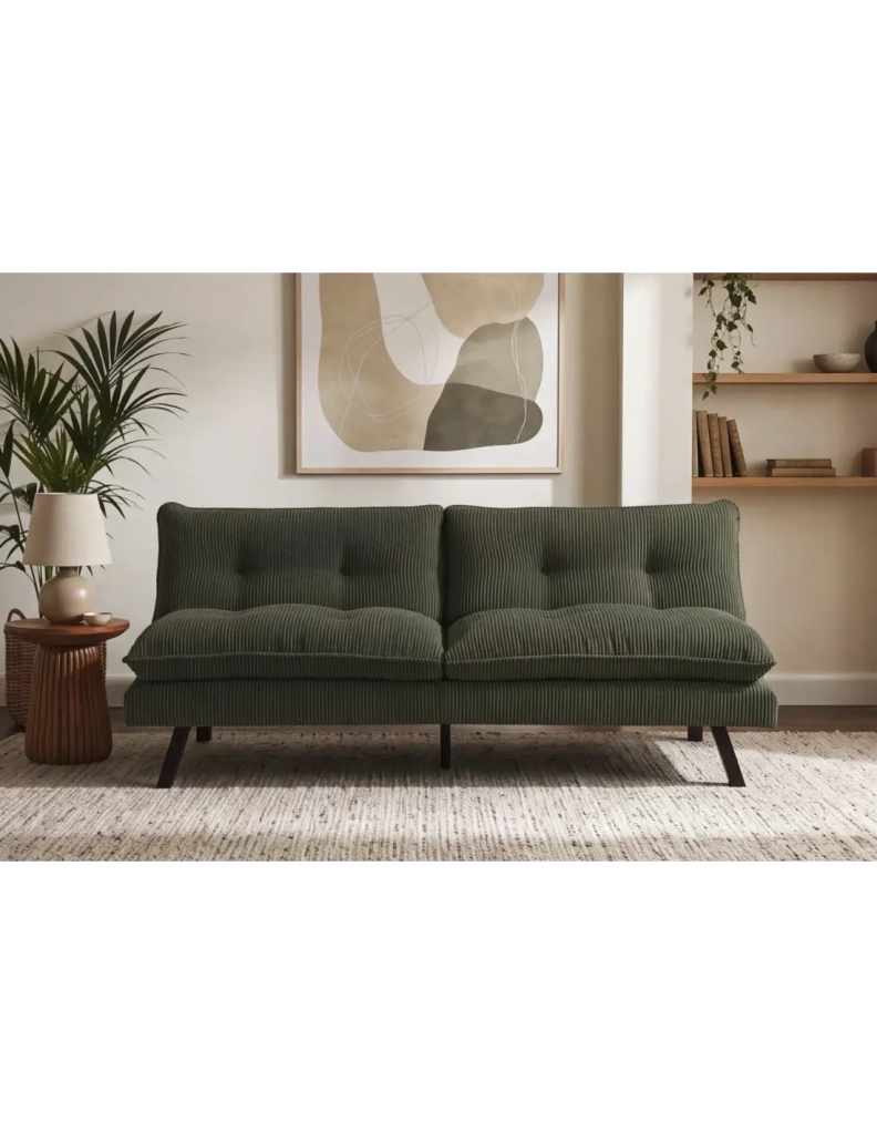 Divano letto AZENA 3 posti in tessuto a coste – Verde scuro e nero – 190 x 80 x 90 cm