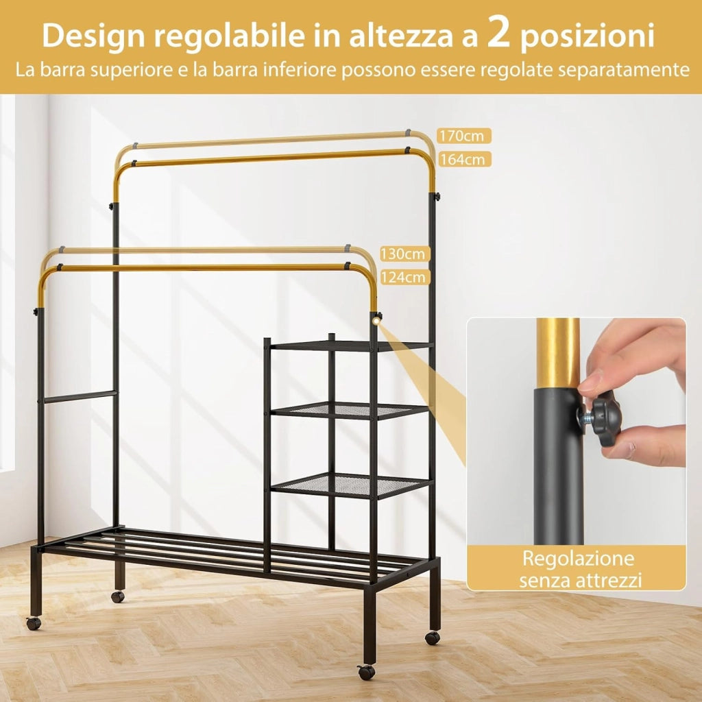 Stand Appendiabiti a Doppia Asta, con Barre Regolabili Ripiani per Riporre Ruote Bloccabili e Scarpiera, Appendiabiti in Acciaio, 135x54x167 cm, Carico 100kg (Nero+Oro)