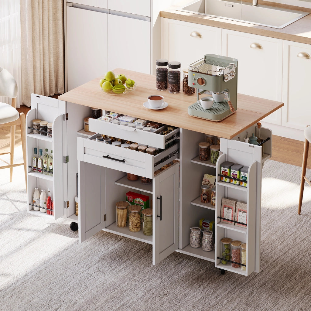 Carrello da Cucina con 4 Ante; 2 Cassetti; Ripiani Regolabili; Portasciugamani e Portaspezie; in MDF; Bianco e Naturale; 136 x 70 x 92 cm