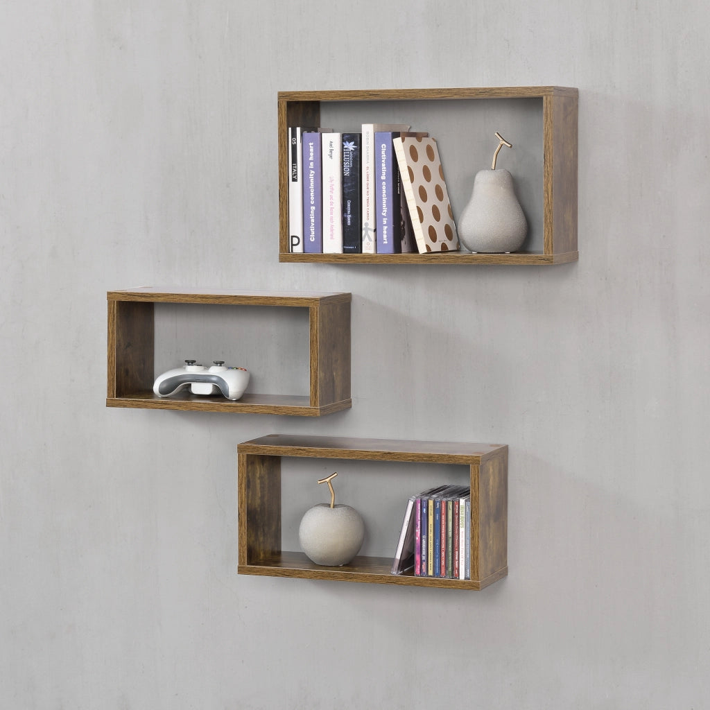 Set di 3 Mensole Rettangolari Mandal da Parete - Effetto Legno Scuro [en.casa]