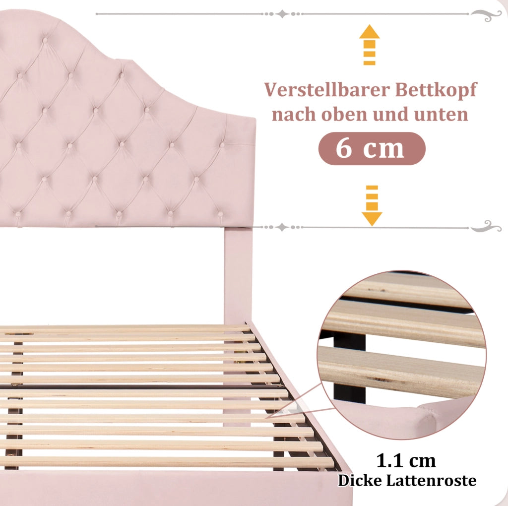 Letto imbottito 140x200 cm in velluto rosa con rete a doghe e testiera regolabile