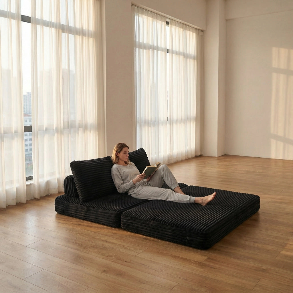 Divano letto 2 in 1 in tessuto nero con schienali rimovibili 150x33x32 cm