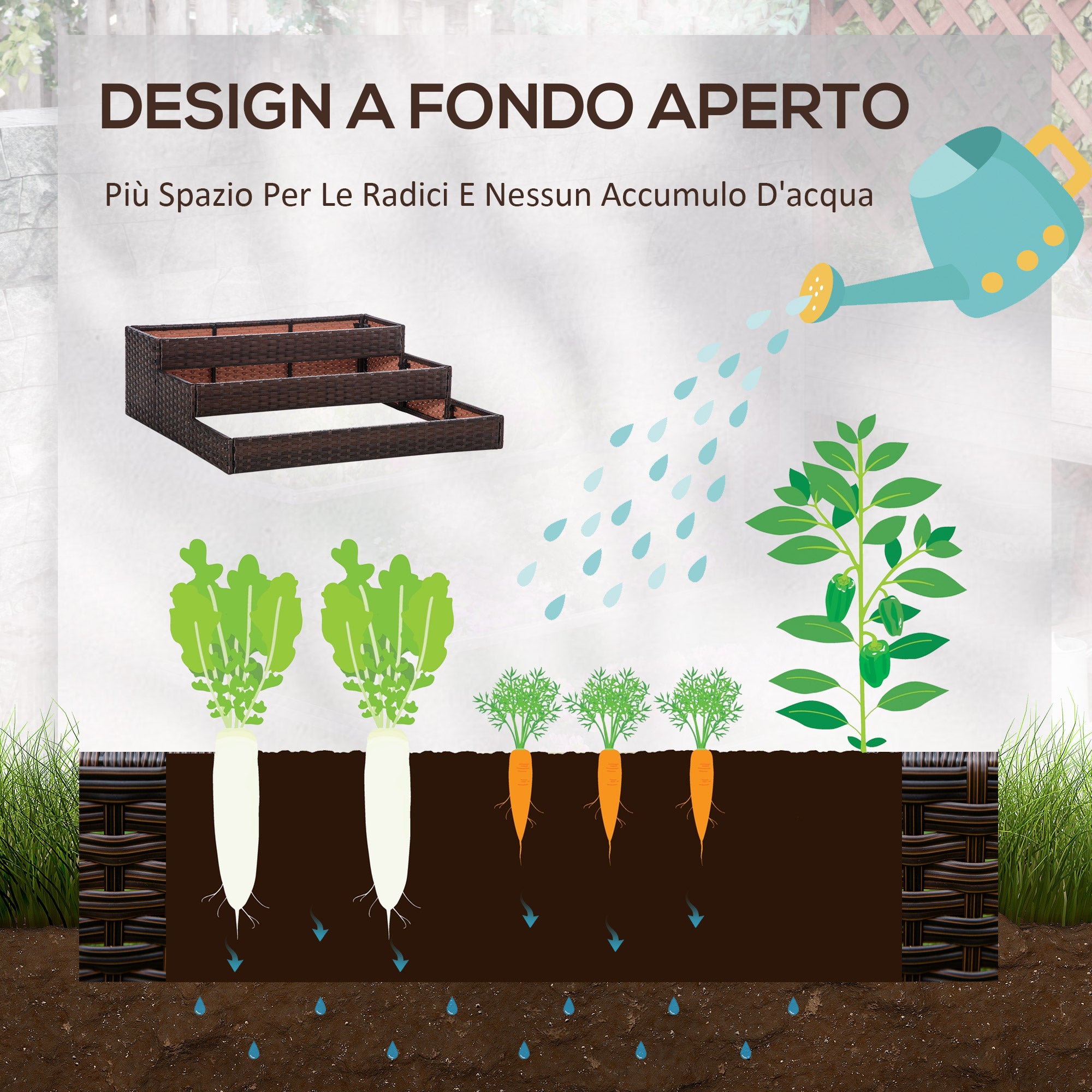 EASYCOMFORT  Orto Rialzato a 3 Livelli in Rattan Sintetico senza Fondo per Piante e Verdure, 120x120x40cm, Grigio