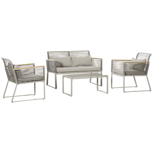 Easycomfort Set da Giardino 4 Pezzi in Rattan PE con 2 Poltrone, Divanetto e Tavolino da Caffè in Vetro Temperato Grigio