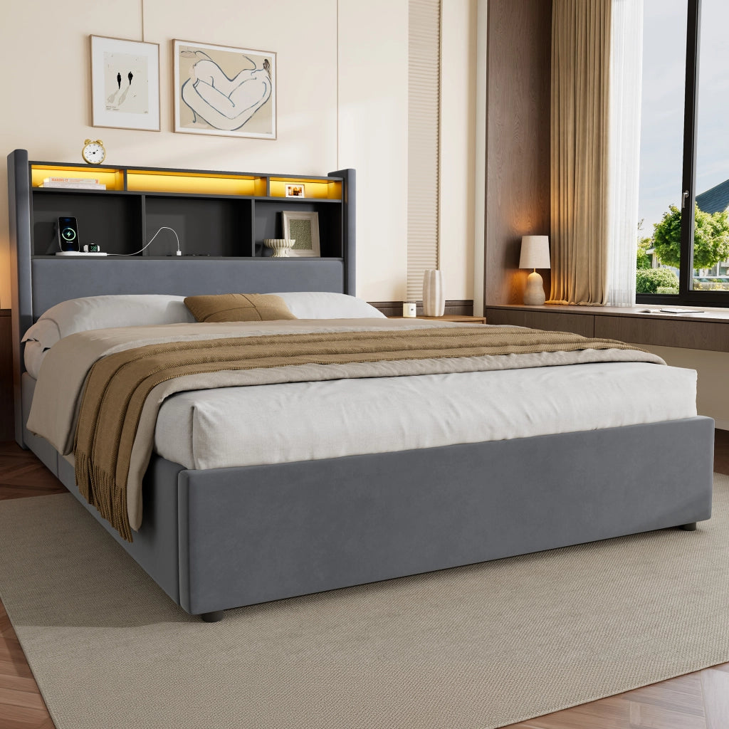 Letto matrimoniale contenitore imbottito grigio scuro 140x190 cm con LED e ricarica USB