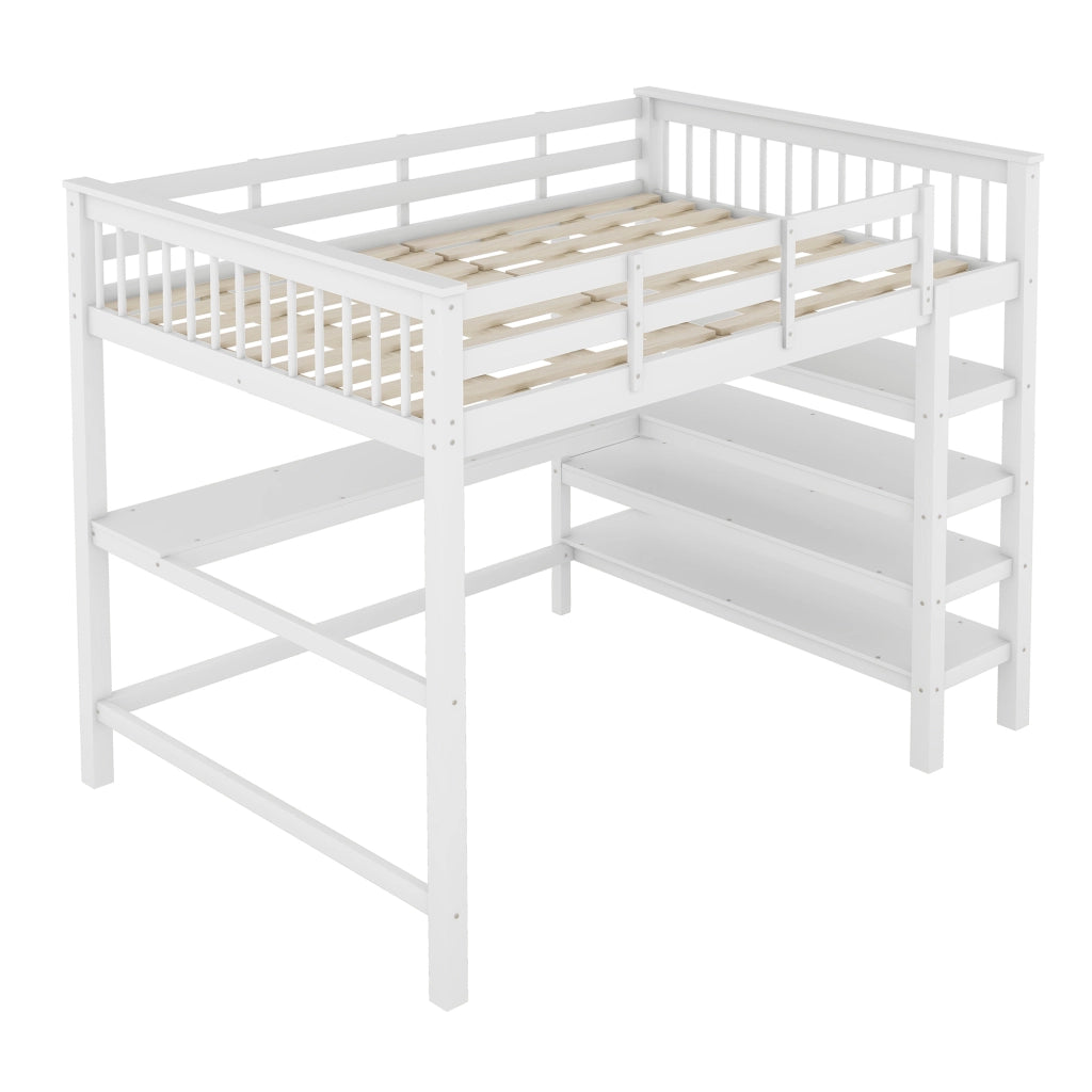 Letto a Soppalco per Bambini 140×200 cm; 2 Posti con Scrivania e Scaffali; senza Materasso; Bianco
