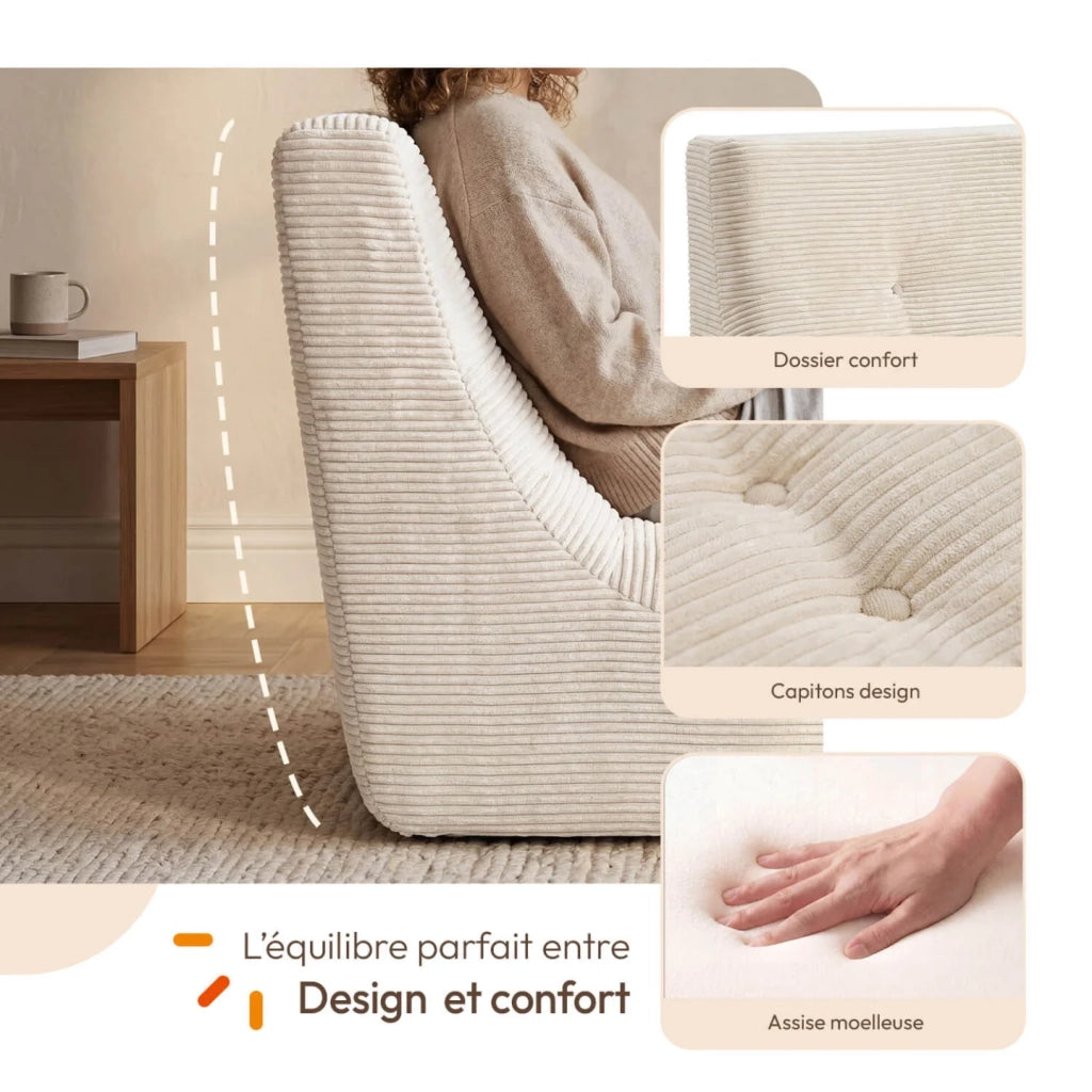IDMarket - Poltrona a sacco modulabile BILLY, 1 posto, in velluto a coste beige