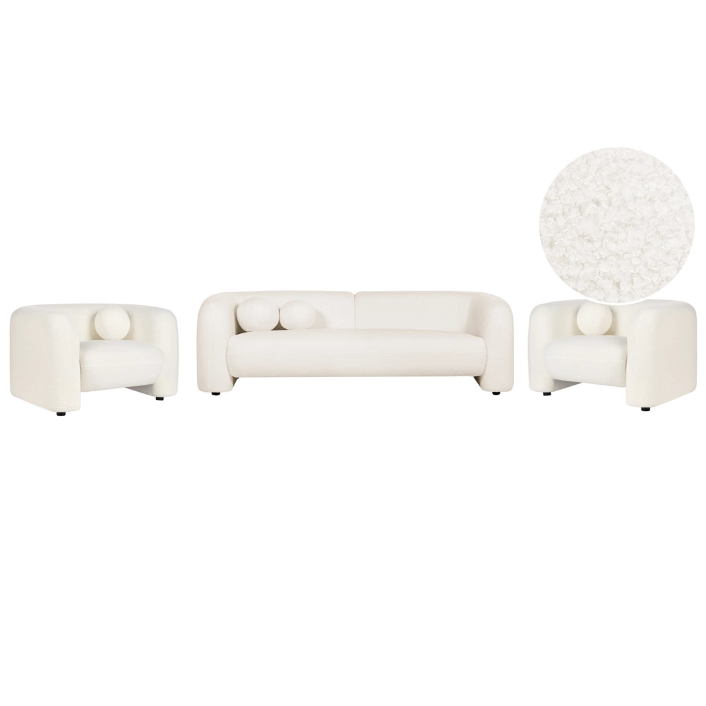 Set da salotto composto da divano a 5 posti e 2 poltrone in tessuto bouclè bianco con cuscini aggiuntivi stile glamour retrò soggiorno