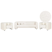 Set da salotto composto da divano a 5 posti e 2 poltrone in tessuto bouclè bianco con cuscini aggiuntivi stile glamour retrò soggiorno